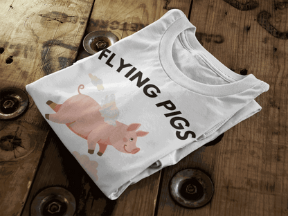 White t-shirt with a graphic of a flying pig and the text "FLYING PIGS".