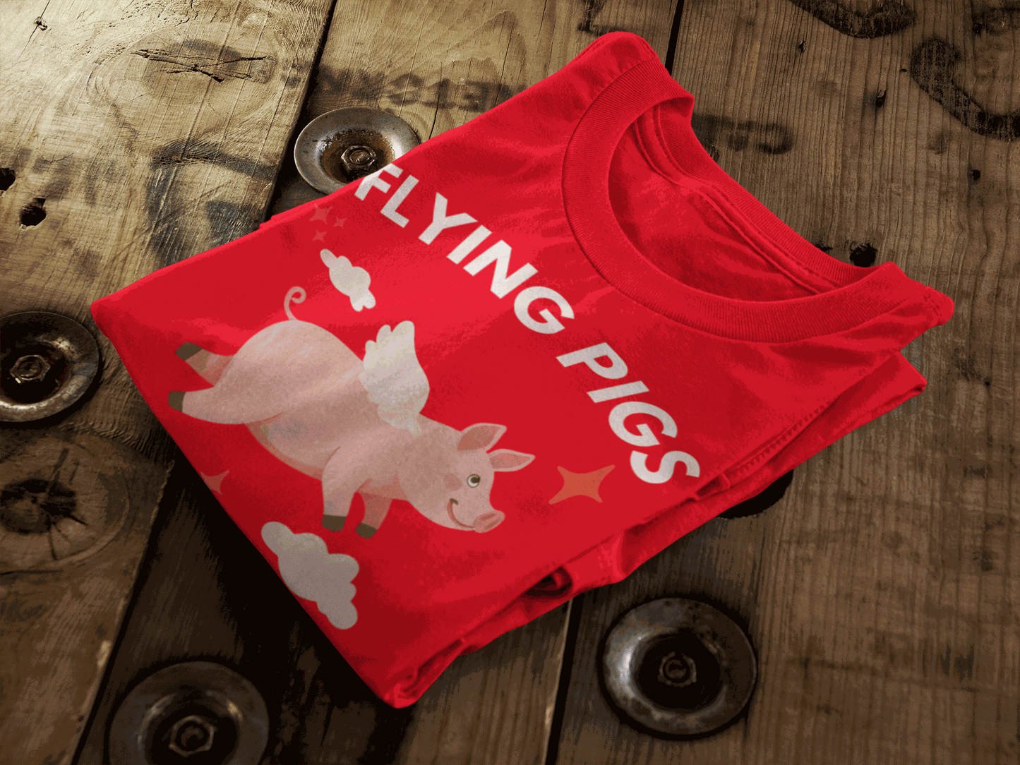 Red t-shirt with a graphic of a flying pig and the text "Flying Pigs".