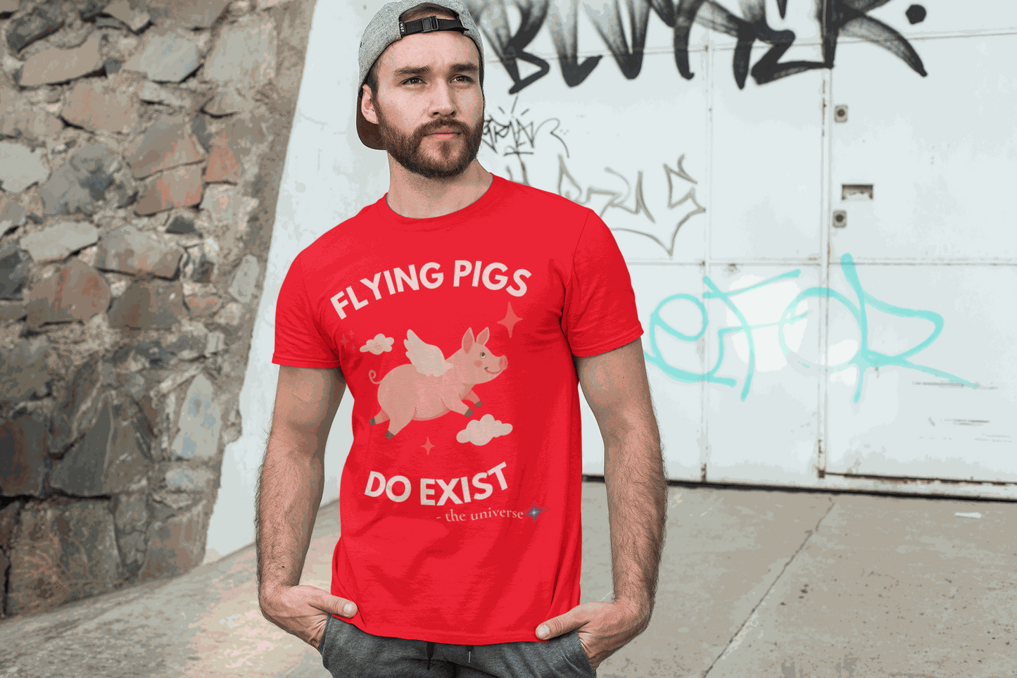 Red t-shirt with a flying pig graphic and text that says "Flying Pigs Do Exist".
