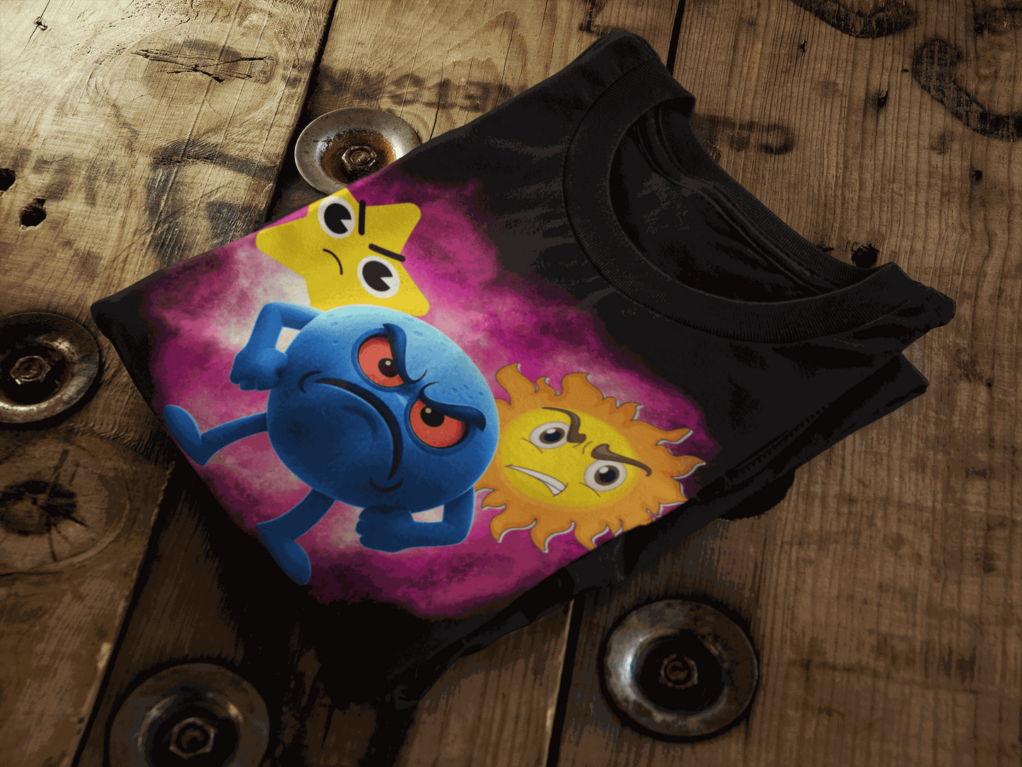 Black t-shirt with a graphic of three angry celestial characters.