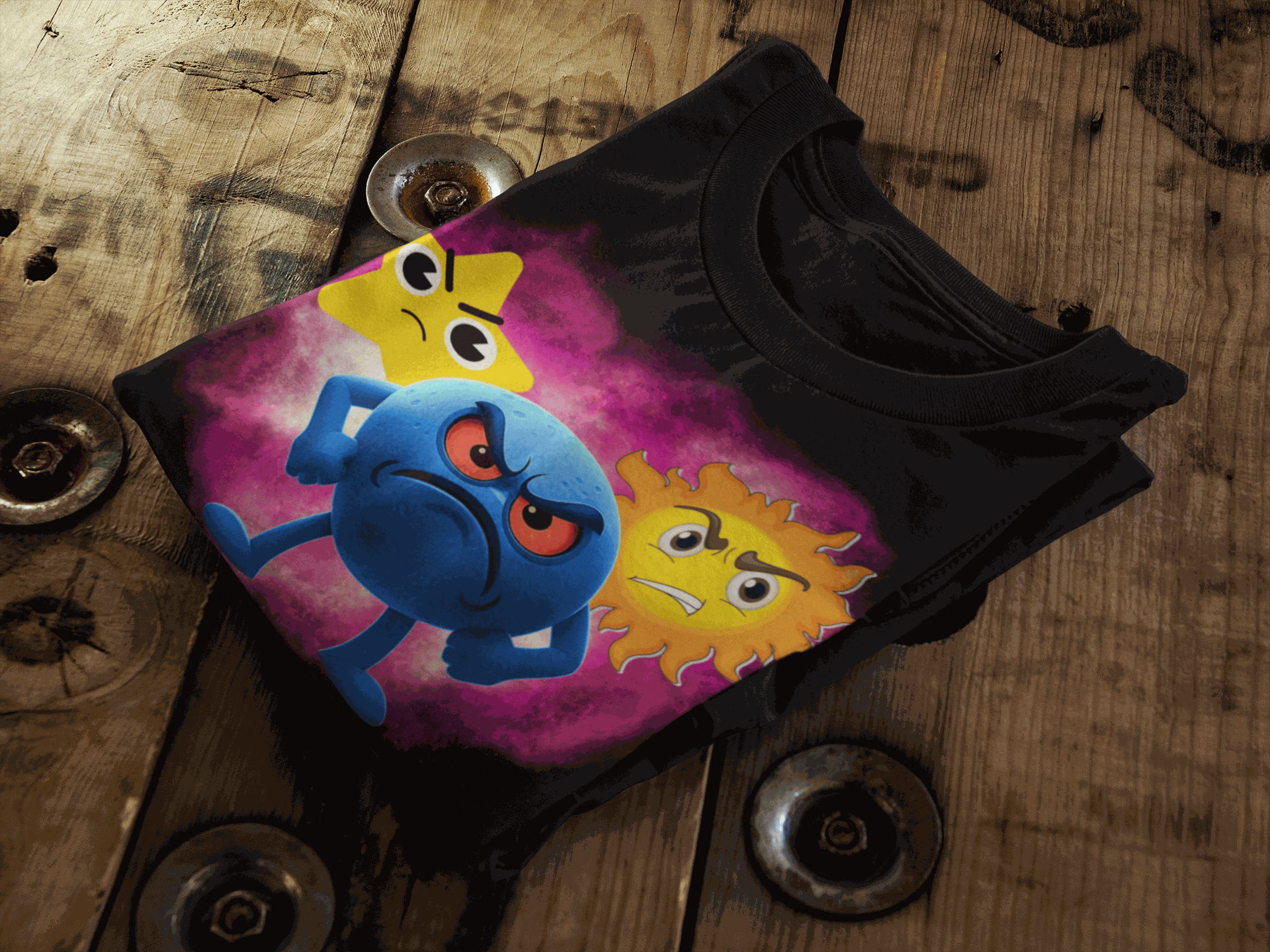 Black t-shirt with a graphic of three angry celestial characters.