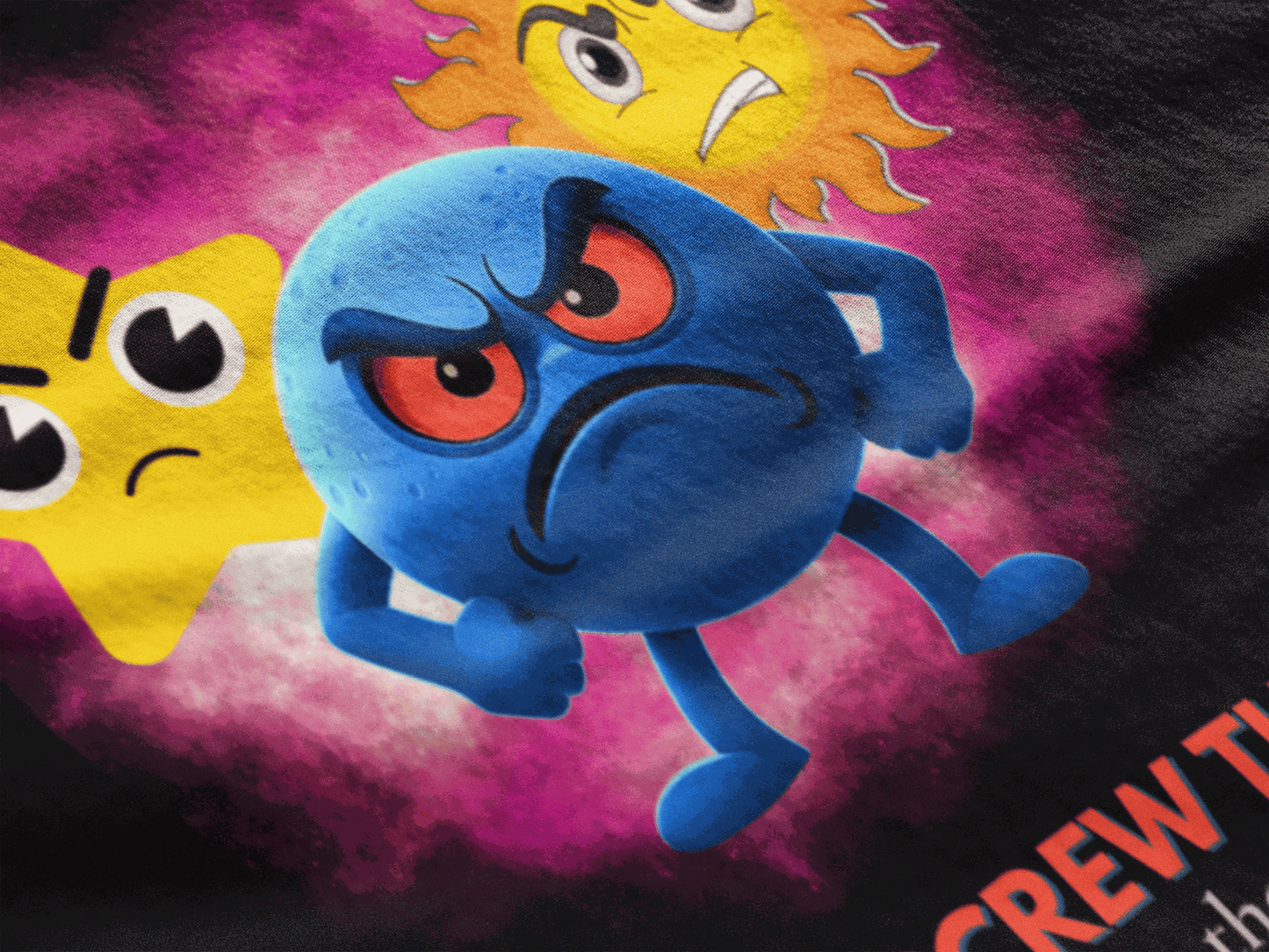 A blue character and two yellow characters with angry expressions on a pink and black background.