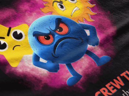 A blue character and two yellow characters with angry expressions on a pink and black background.