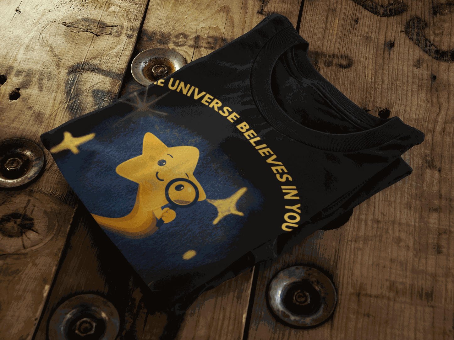 Black t-shirt with a yellow star holding a magnifying glass and the text "The Universe Believes In You".