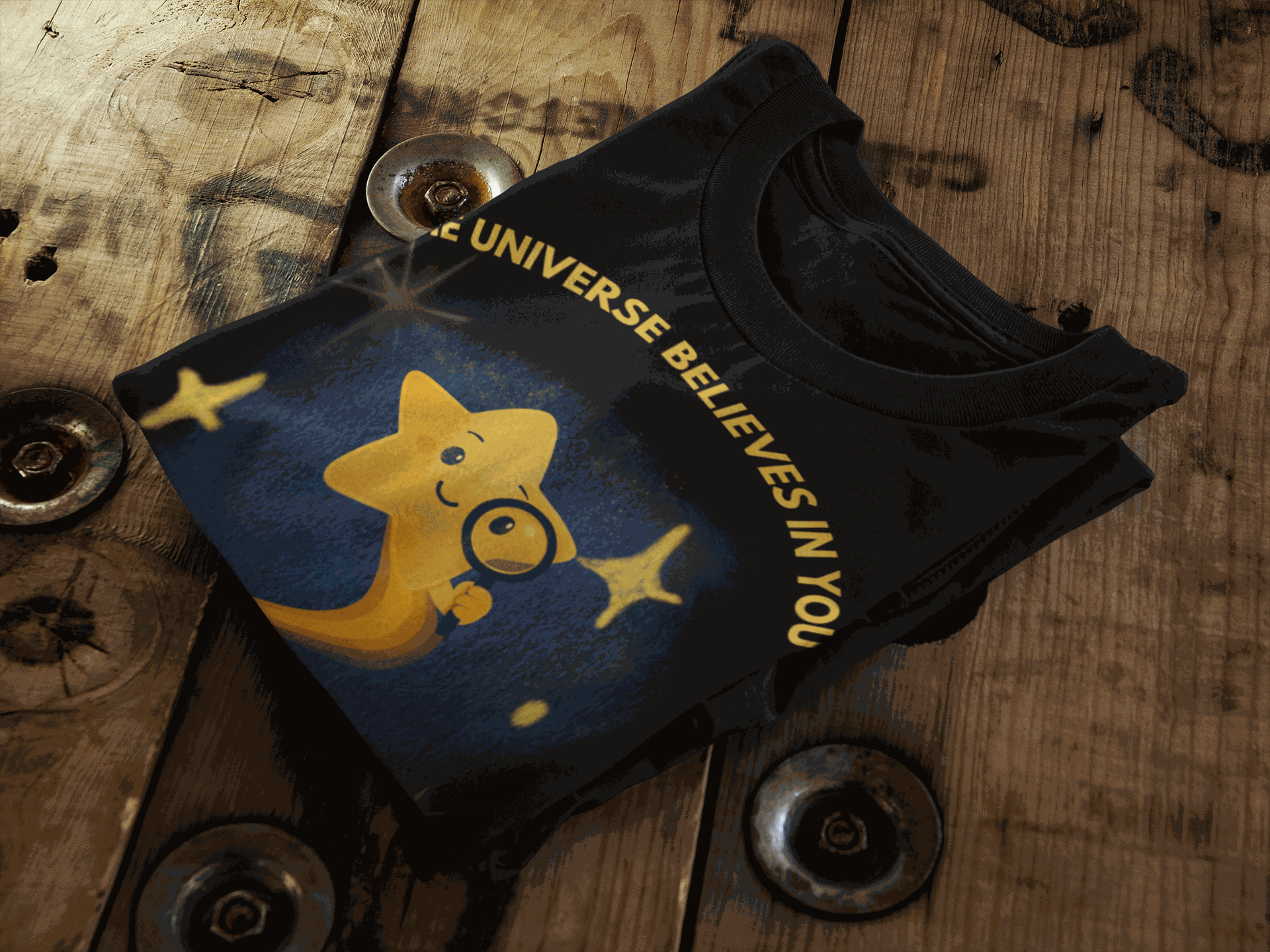 Black t-shirt with a yellow star holding a magnifying glass and the text "The Universe Believes In You".