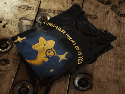 Black t-shirt with a yellow star holding a magnifying glass and the text "The Universe Believes In You".