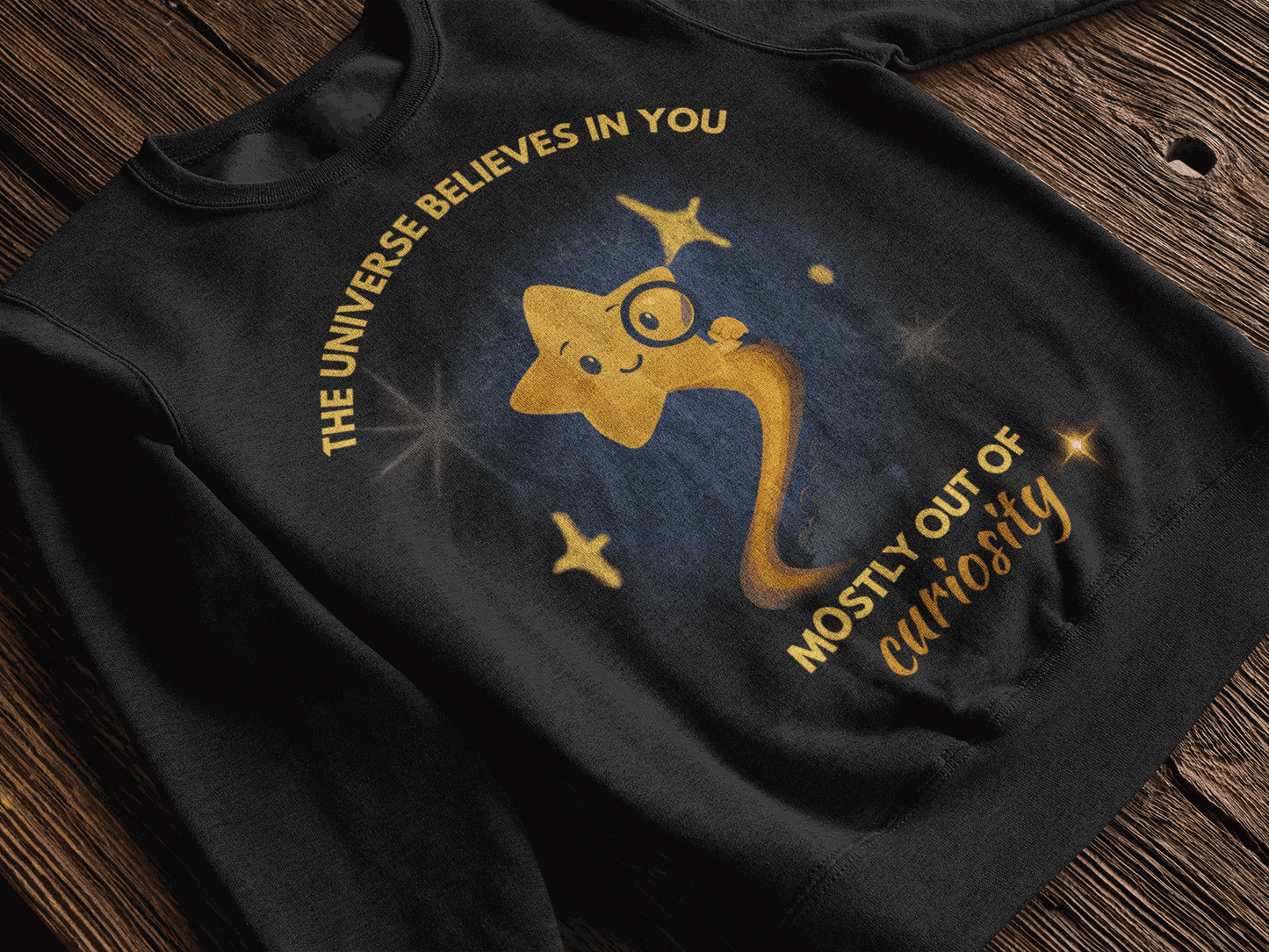 A black sweatshirt with a graphic of a smiling star and the text "The Universe Believes in You Mostly Out of Curiosity".