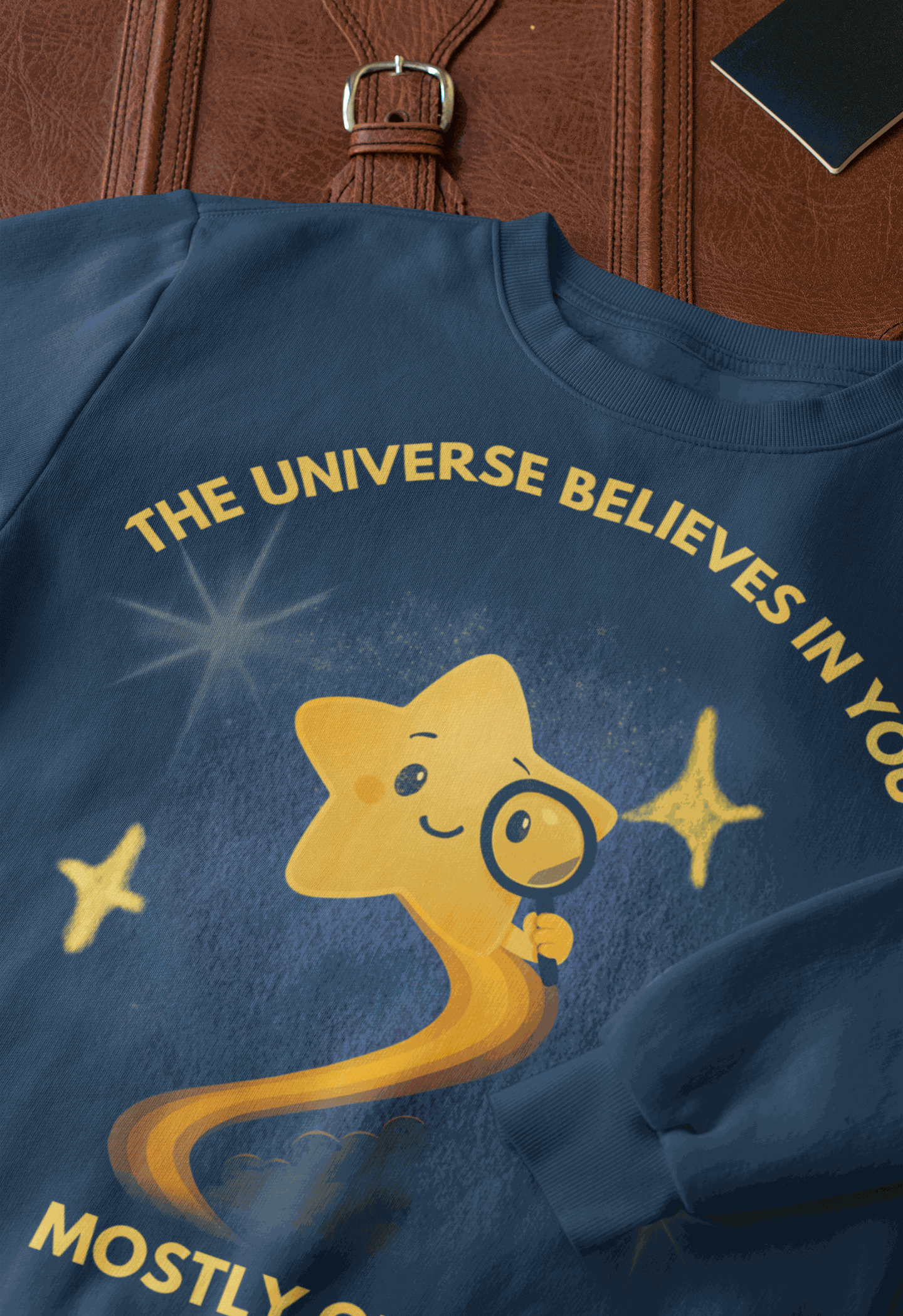 A navy blue sweatshirt with a graphic of a smiling star holding a magnifying glass.