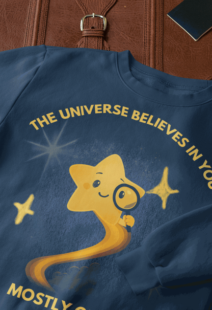A navy blue sweatshirt with a graphic of a smiling star holding a magnifying glass.