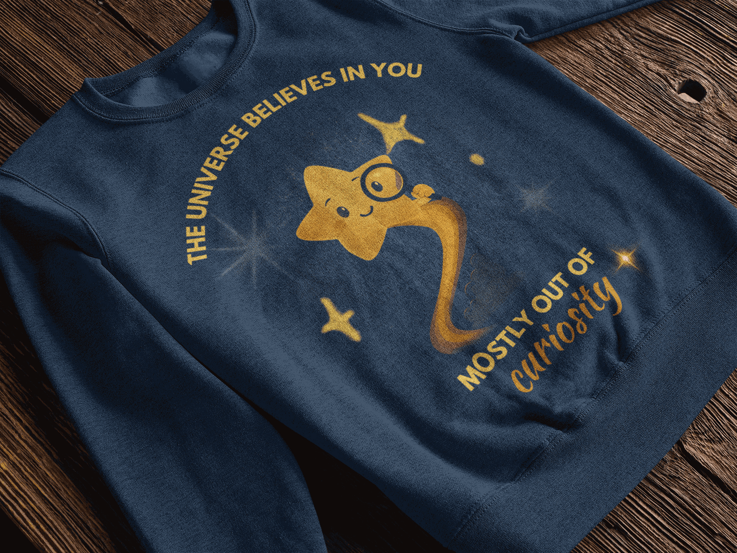 A navy blue sweatshirt with a graphic of a smiling star and the text "The Universe Believes in You Mostly Out of Curiosity".