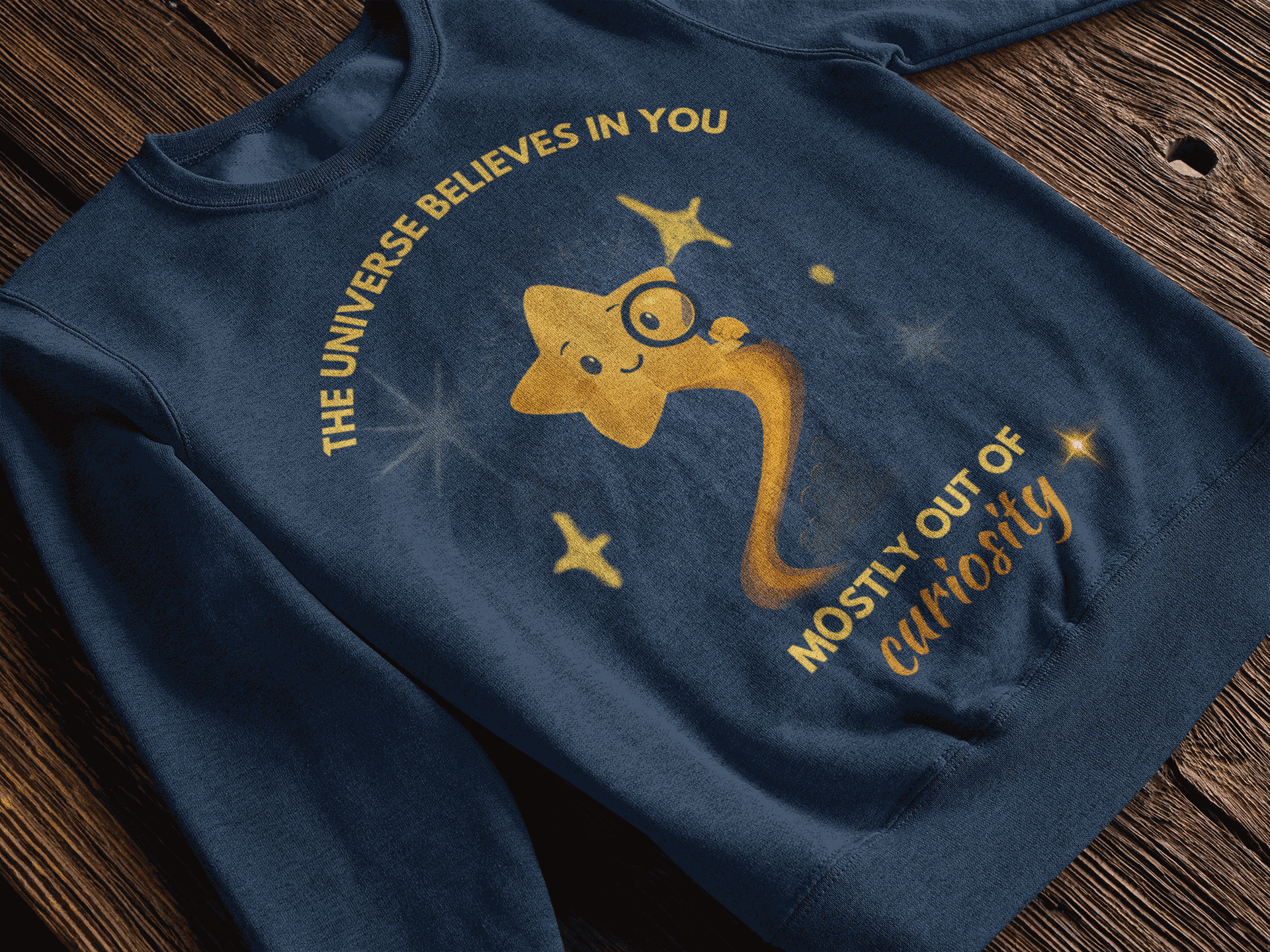 A navy blue sweatshirt with a graphic of a smiling star and the text "The Universe Believes in You Mostly Out of Curiosity".