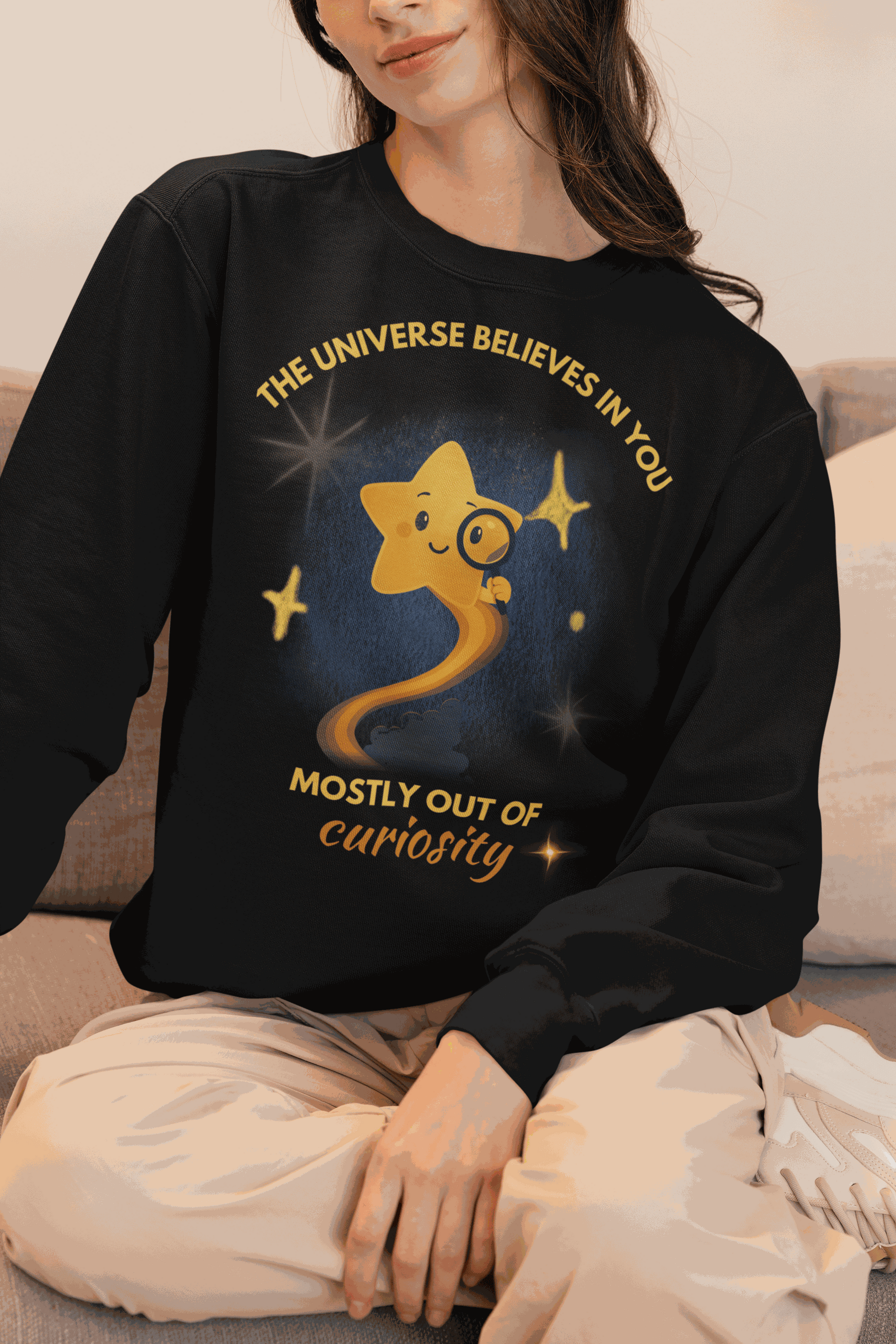 A black sweatshirt with a graphic of a star looking through a magnifying glass and text that reads "The Universe Believes in You Mostly Out of Curiosity".