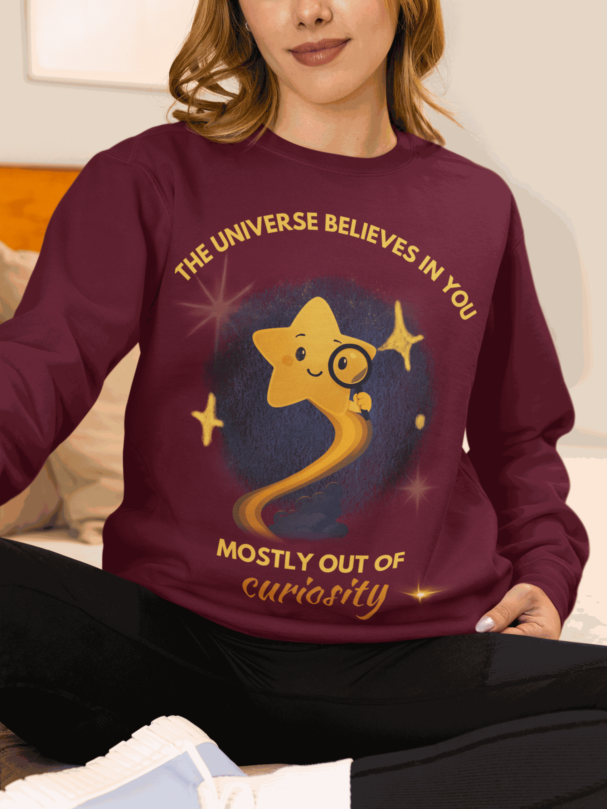 A maroon sweatshirt with a graphic of a star and the text "The Universe Believes in You Mostly Out of Curiosity".