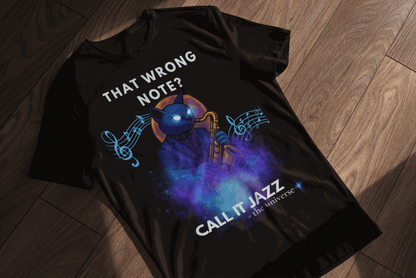 Black t-shirt with a blue cat playing a saxophone and musical notes.