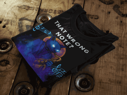 Black t-shirt with a blue cat playing a saxophone and musical notes.