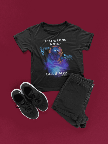 Black t-shirt with a cosmic cat playing a saxophone and musical notes.