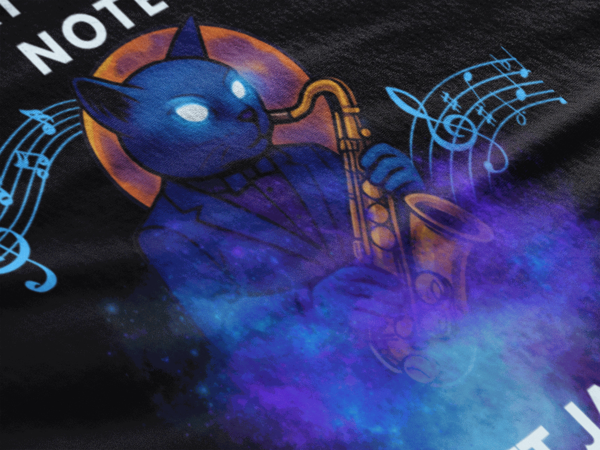 A blue cat plays a saxophone with musical notes and cosmic effects.