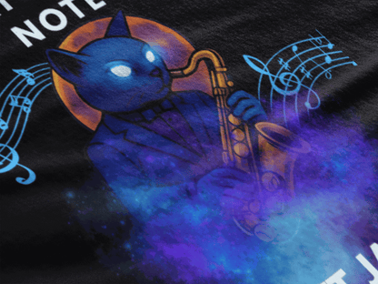 A blue cat plays a saxophone with musical notes and cosmic effects.