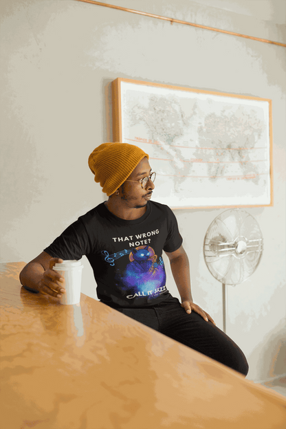 A man wears a black t-shirt with a cosmic cat playing a saxophone.