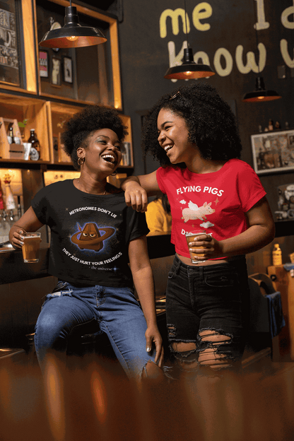 A black t-shirt with a graphic of an angry metronome in space.