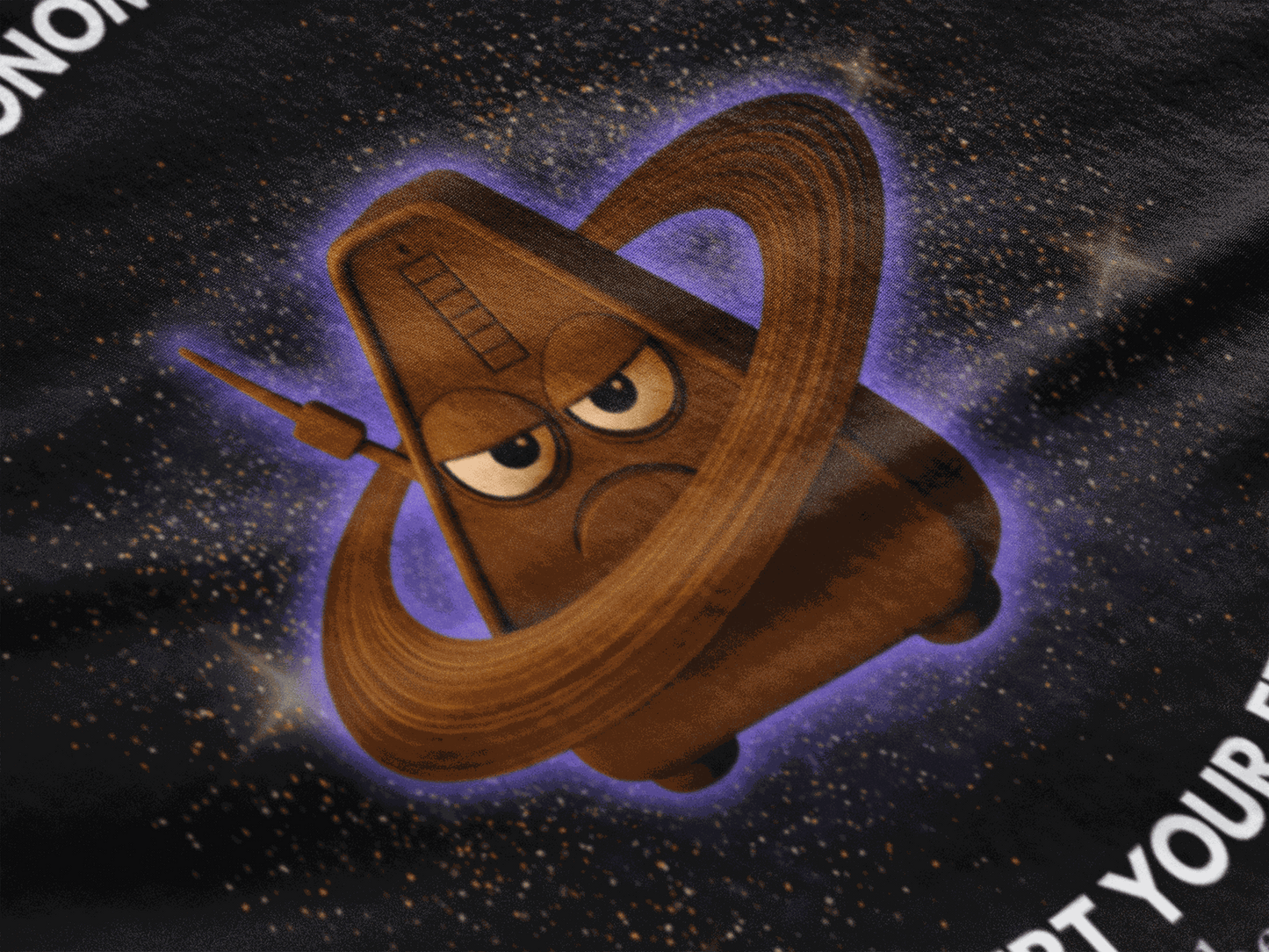 A cartoon metronome with an angry face orbits in space.