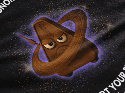 A cartoon metronome with an angry face orbits in space.
