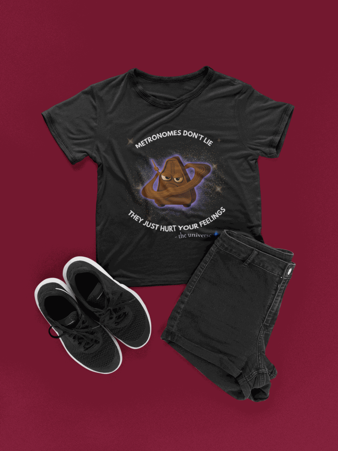 Black t-shirt with a graphic of an angry metronome and text.