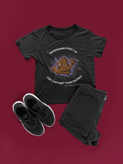 Black t-shirt with a graphic of an angry metronome and text.