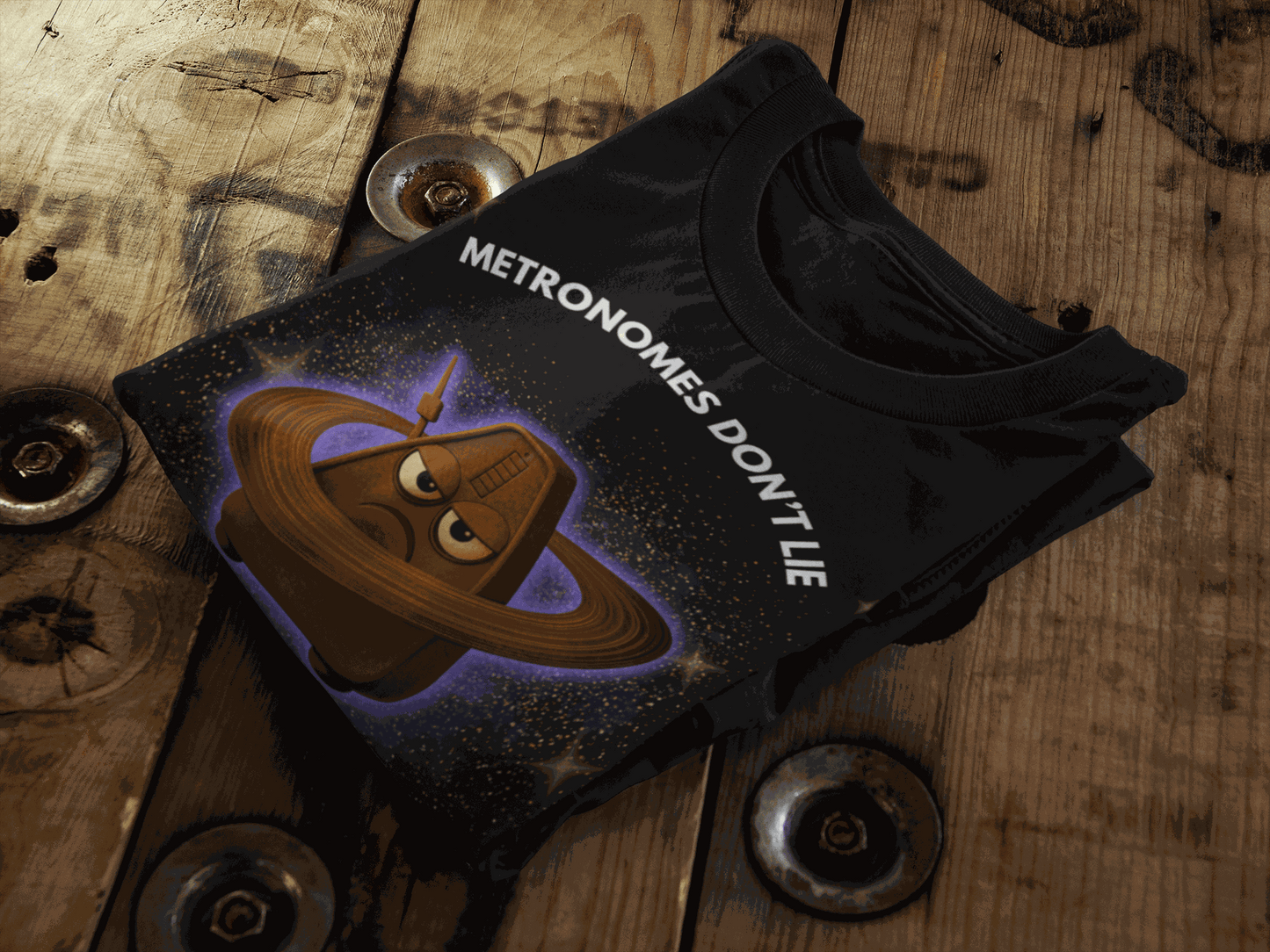 Black t-shirt with a cartoon metronome in space and the text "METRONOMES DON'T LIE".