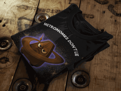 Black t-shirt with a cartoon metronome in space and the text "METRONOMES DON'T LIE".