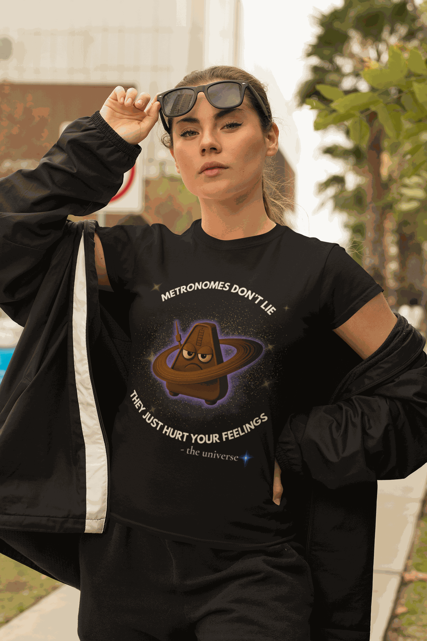 A woman wears a black t-shirt with a graphic of a sad metronome in space.