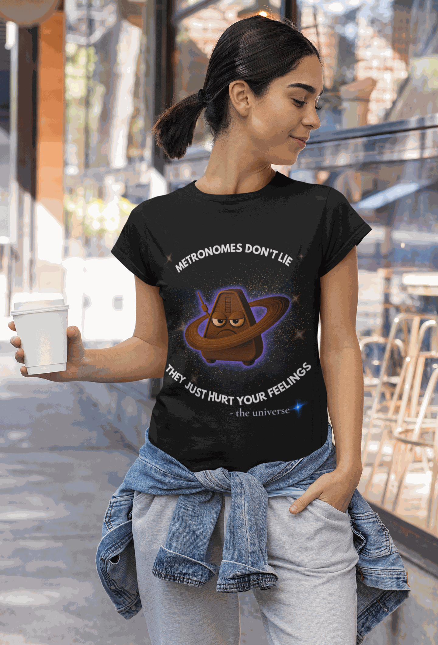 A woman wears a black t-shirt with a graphic of an angry metronome in space.