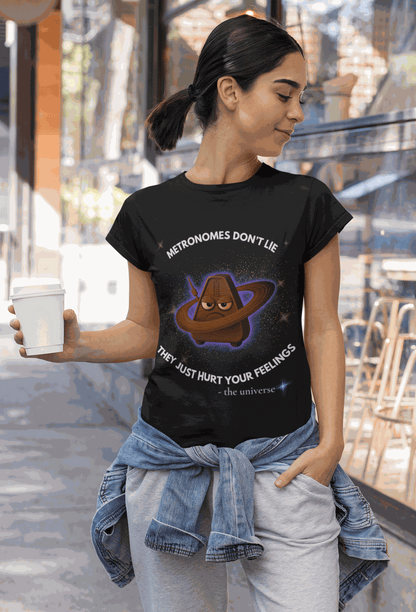 A woman wears a black t-shirt with a graphic of an angry metronome in space.