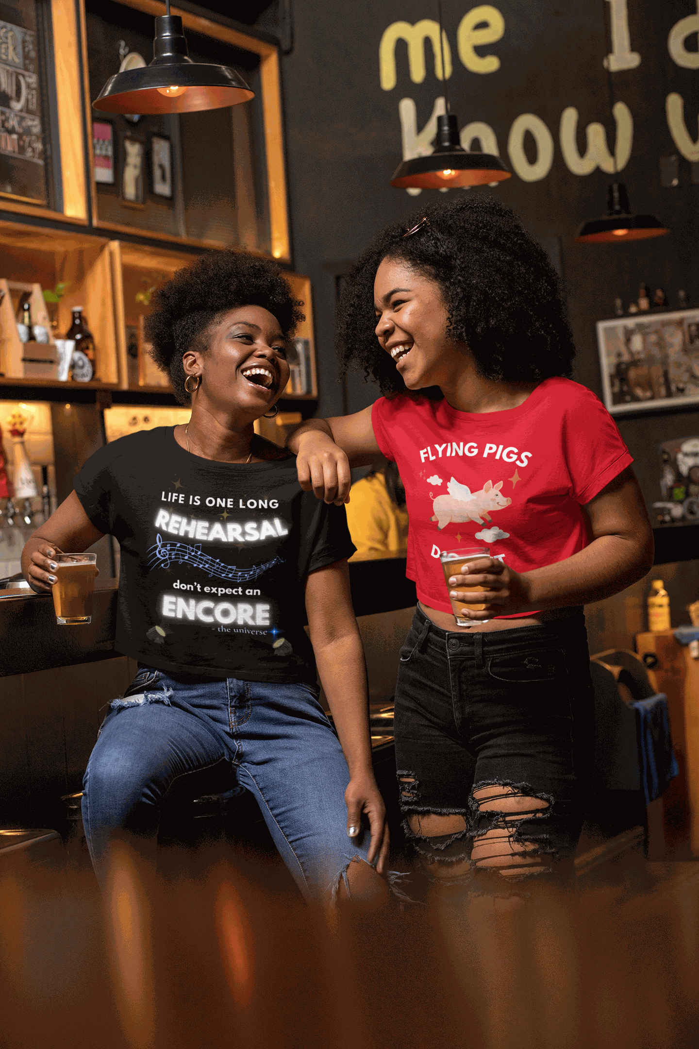 Black t-shirt with white text and musical notes that reads "Life is one long rehearsal don't expect an encore".