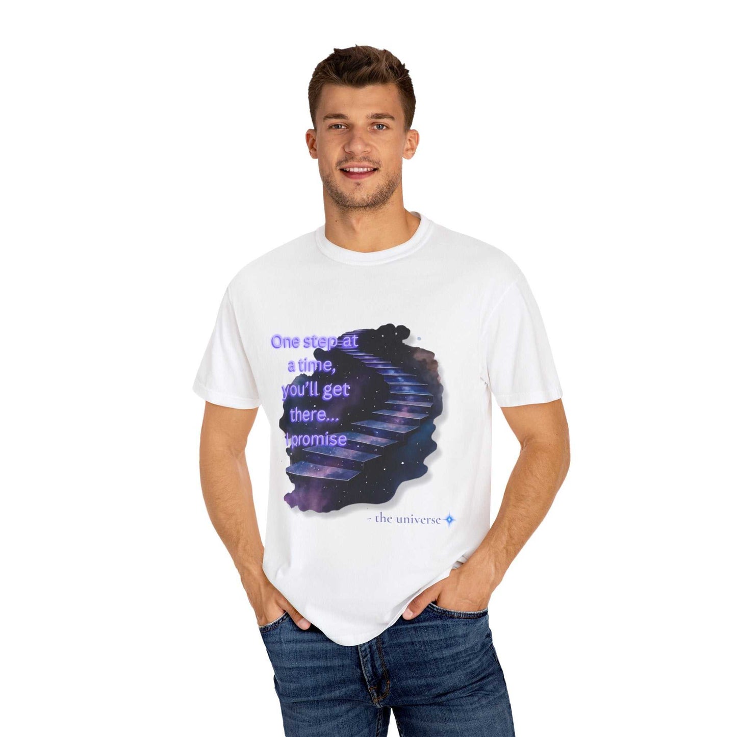 Man wearing white Comfort Colors Motivational Stairway T-Shirt with starry staircase graphic and inspirational quote