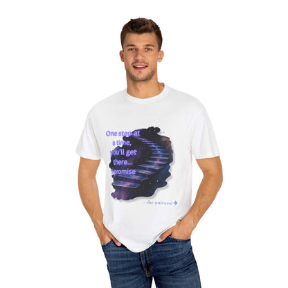 Man wearing white Comfort Colors Motivational Stairway T-Shirt with starry staircase graphic and inspirational quote