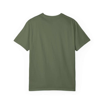 Back view of unisex olive green vampire graphic t-shirt made of soft cotton for gothic horror style