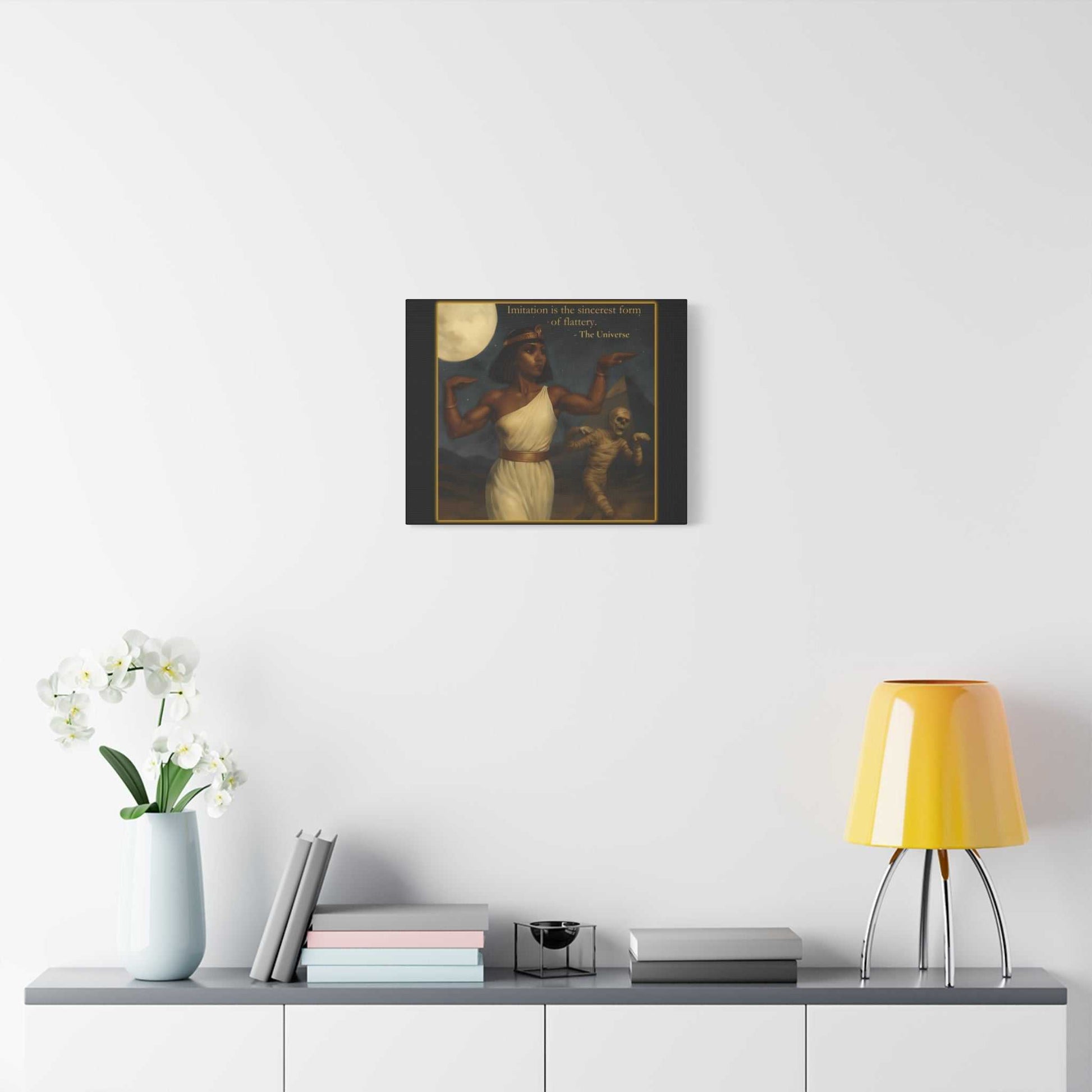 Modern living room with art print featuring a strong woman and mummy, Youniverses decor wall art