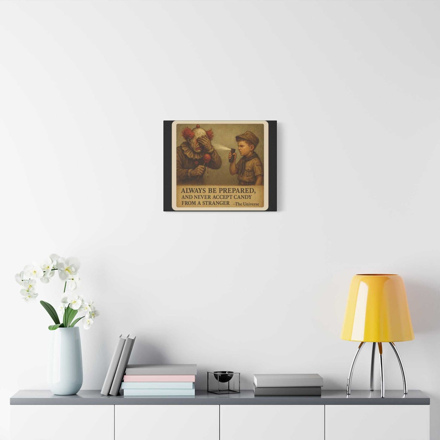 Modern living room with Youniverses art print, desk, books, flowers, and yellow lamp.