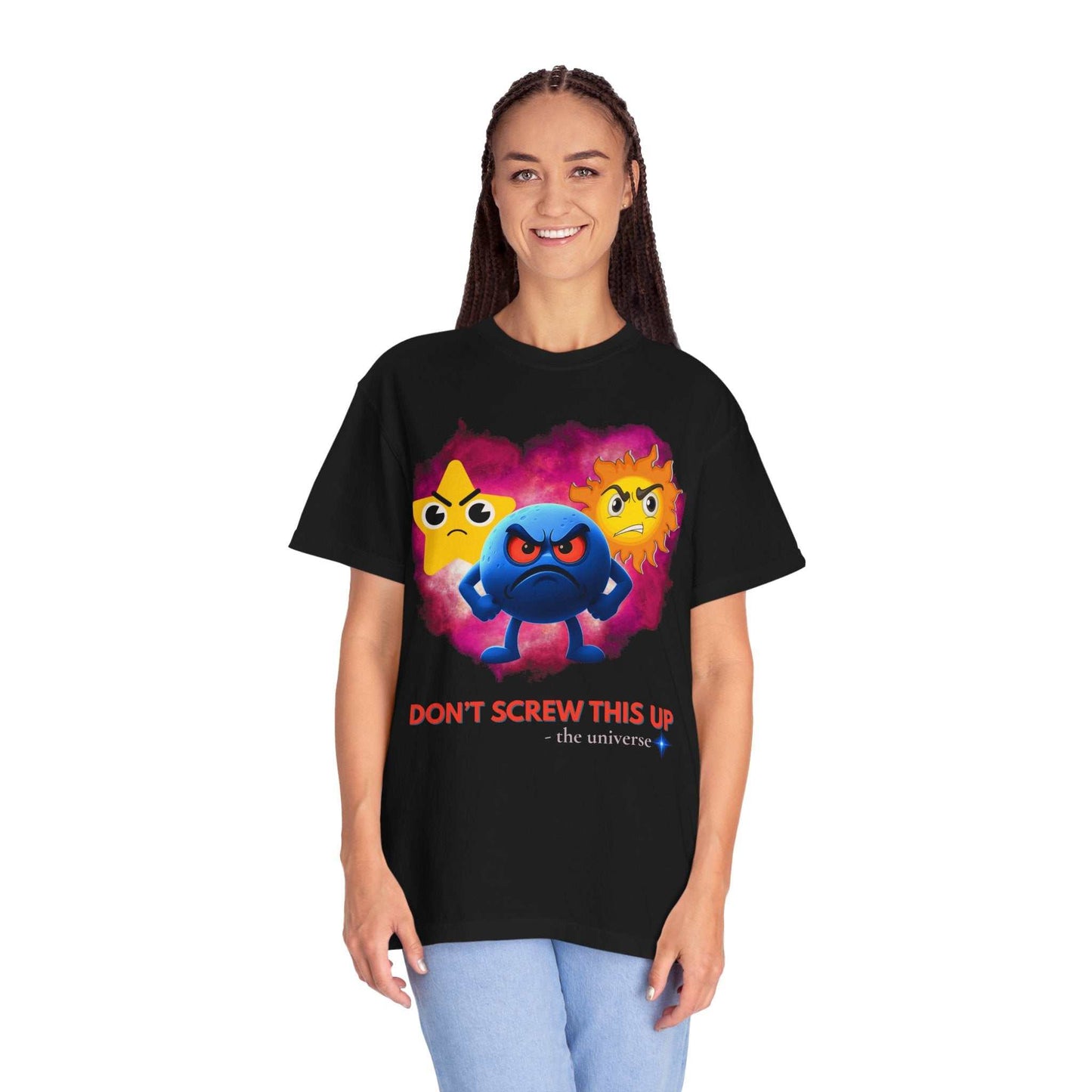 Black t-shirt with a graphic of three angry celestial characters and text.