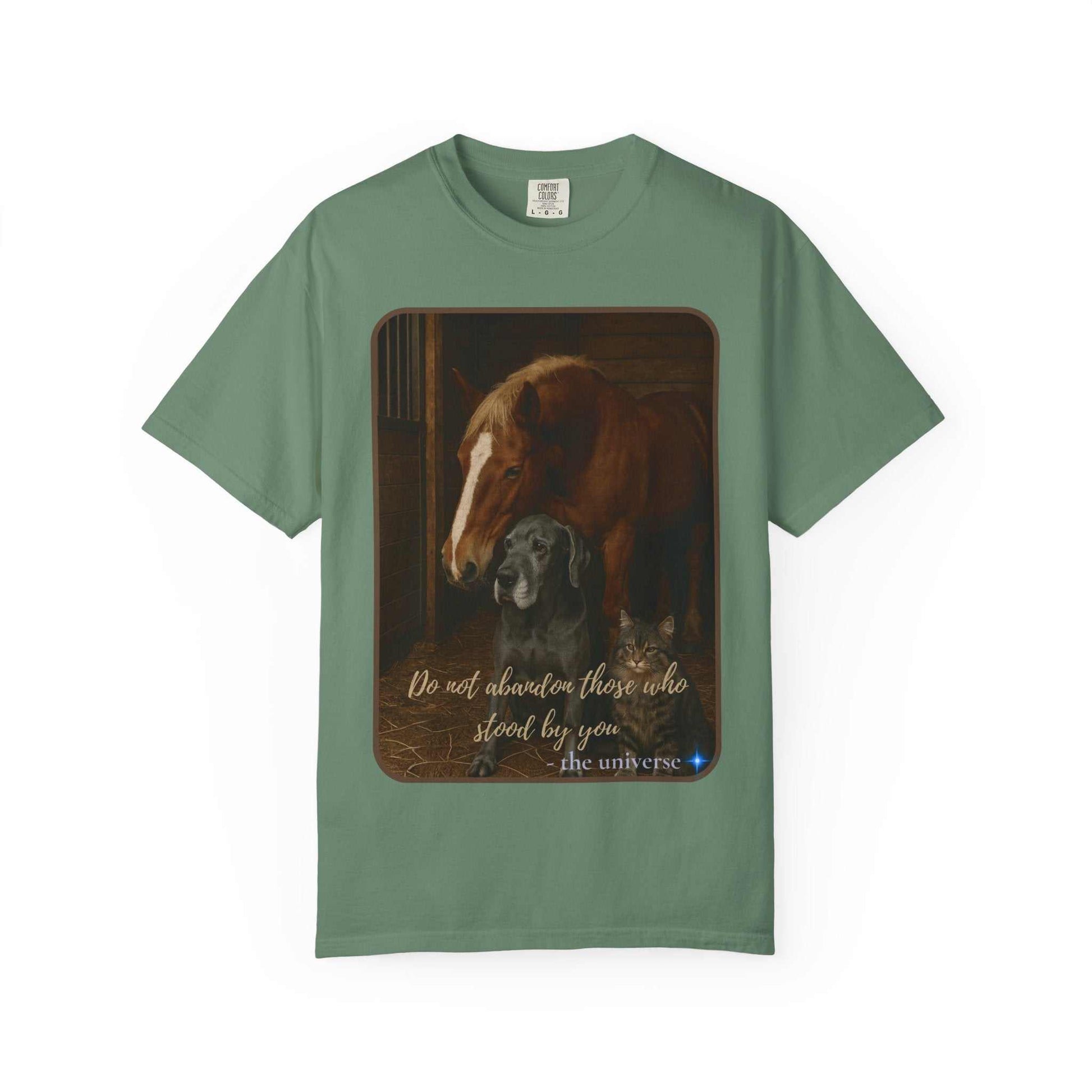 Comfort Colors 1717 Animal Rescue T-Shirt with horse, dog, and cat design and "Do Not Abandon Those Who Stood By You" text in vintage green color
