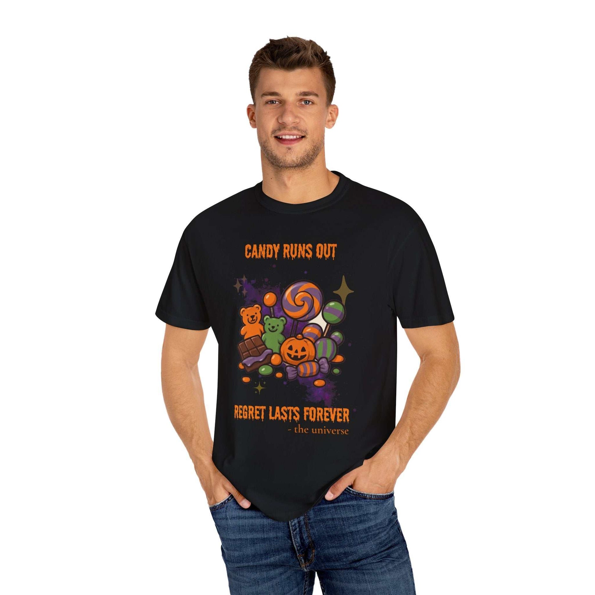 Black t-shirt with a Halloween candy graphic and text.