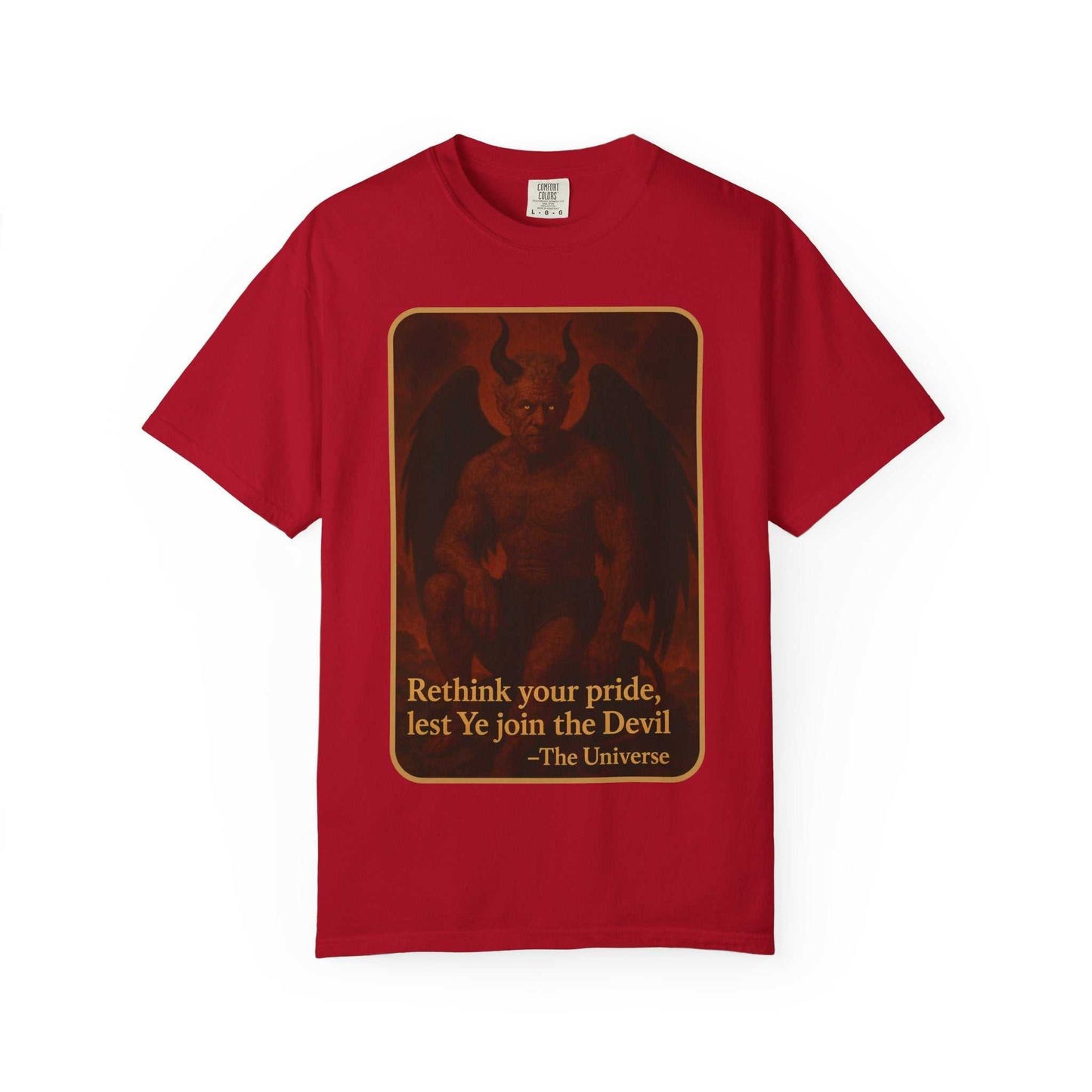 Red unisex t-shirt with vintage devil graphic and "Rethink your pride, lest Ye join the Devil" text, garment-dyed cotton Devils Rethink Your Pride design