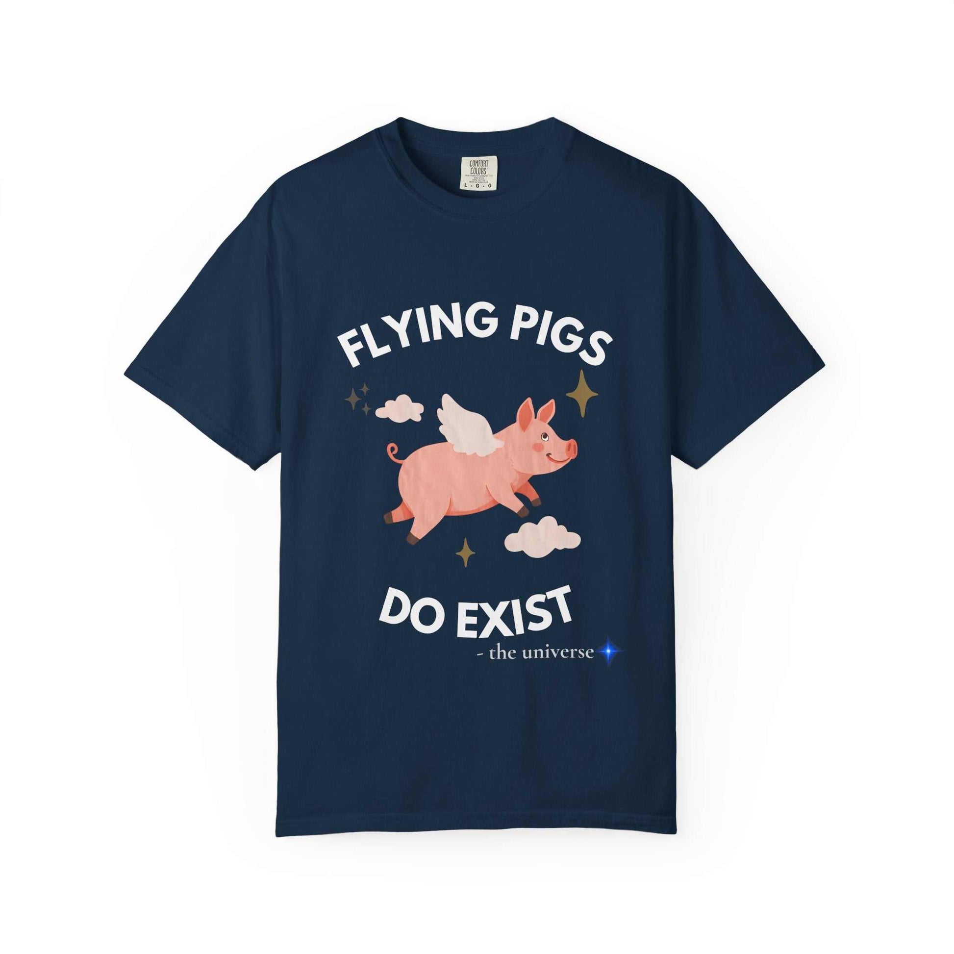 A navy t-shirt with a graphic of a flying pig and the text "Flying Pigs Do Exist".