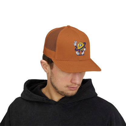 Brown Planet Smile Trucker Cap with retro cartoon space patch and breathable mesh back worn by male model