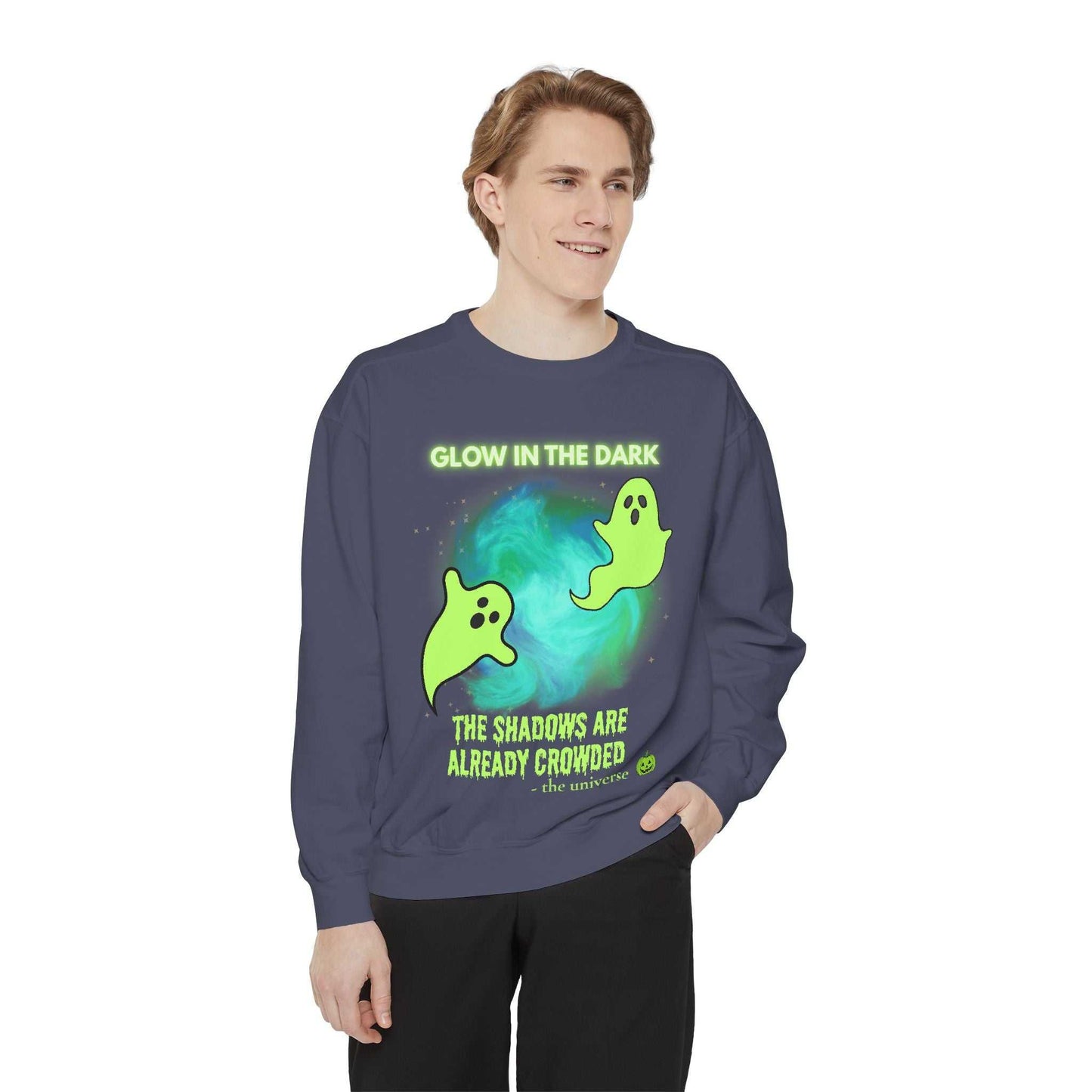 A dark blue sweatshirt with a glow-in-the-dark ghost design.