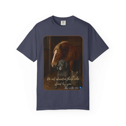 Comfort Colors 1717 navy Animal Rescue T-Shirt with horse, dog, cat illustration and "Do Not Abandon Those Who Stood By You" quote