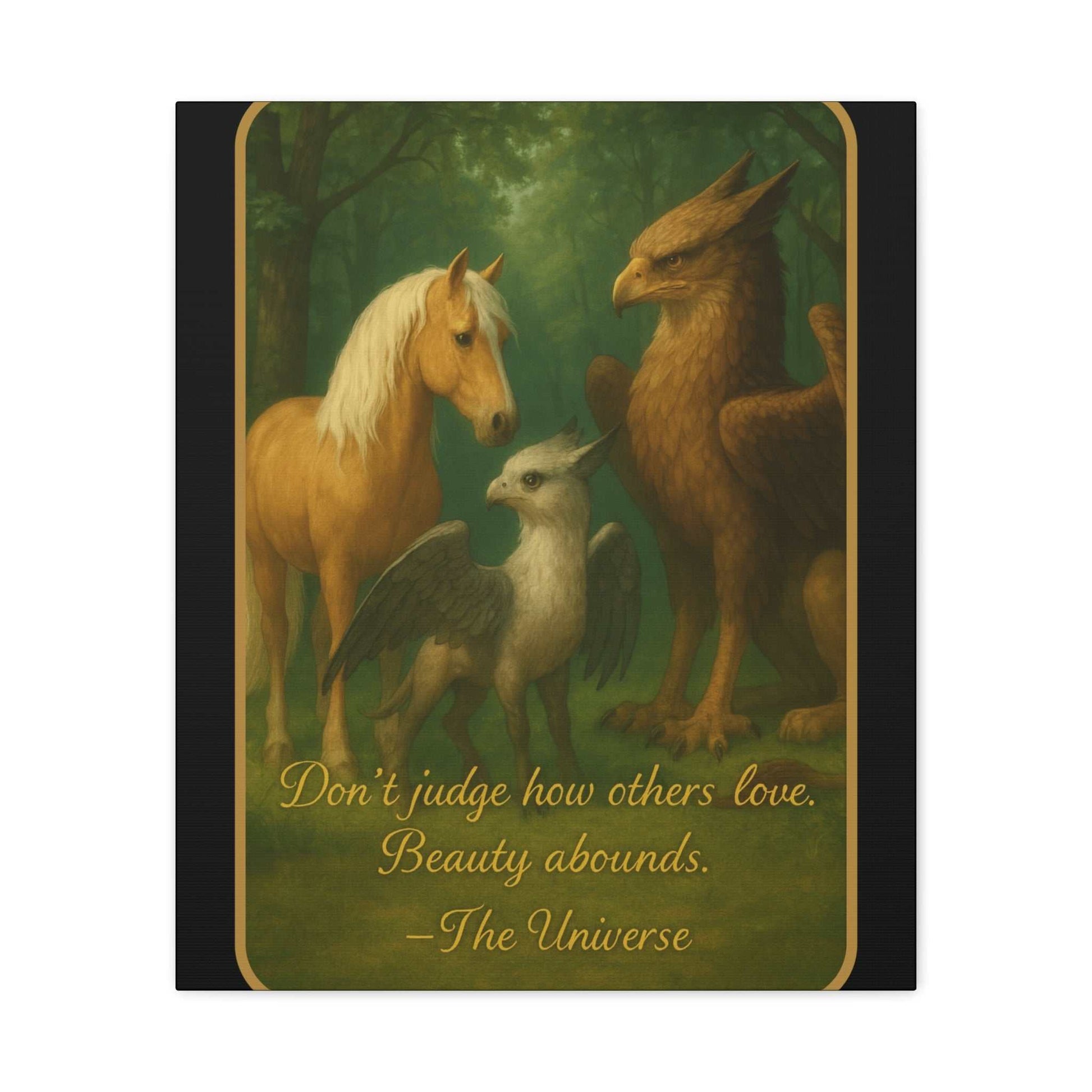 Fantasy art of a horse, griffin, and winged creature in a forest with an inspirational quote.