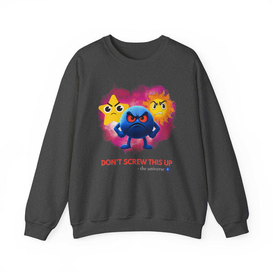 A dark grey sweatshirt with a graphic of angry cosmic characters and the text "DON'T SCREW THIS UP - the universe".