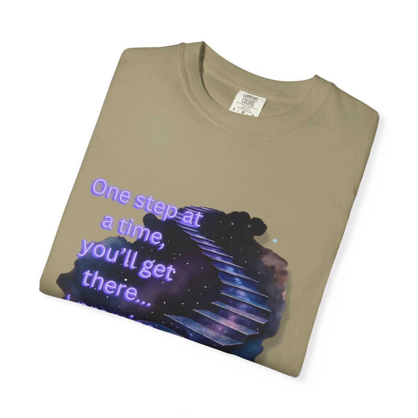 Comfort Colors Motivational Stairway T-Shirt with starry staircase and inspirational quote in garment-dyed cotton